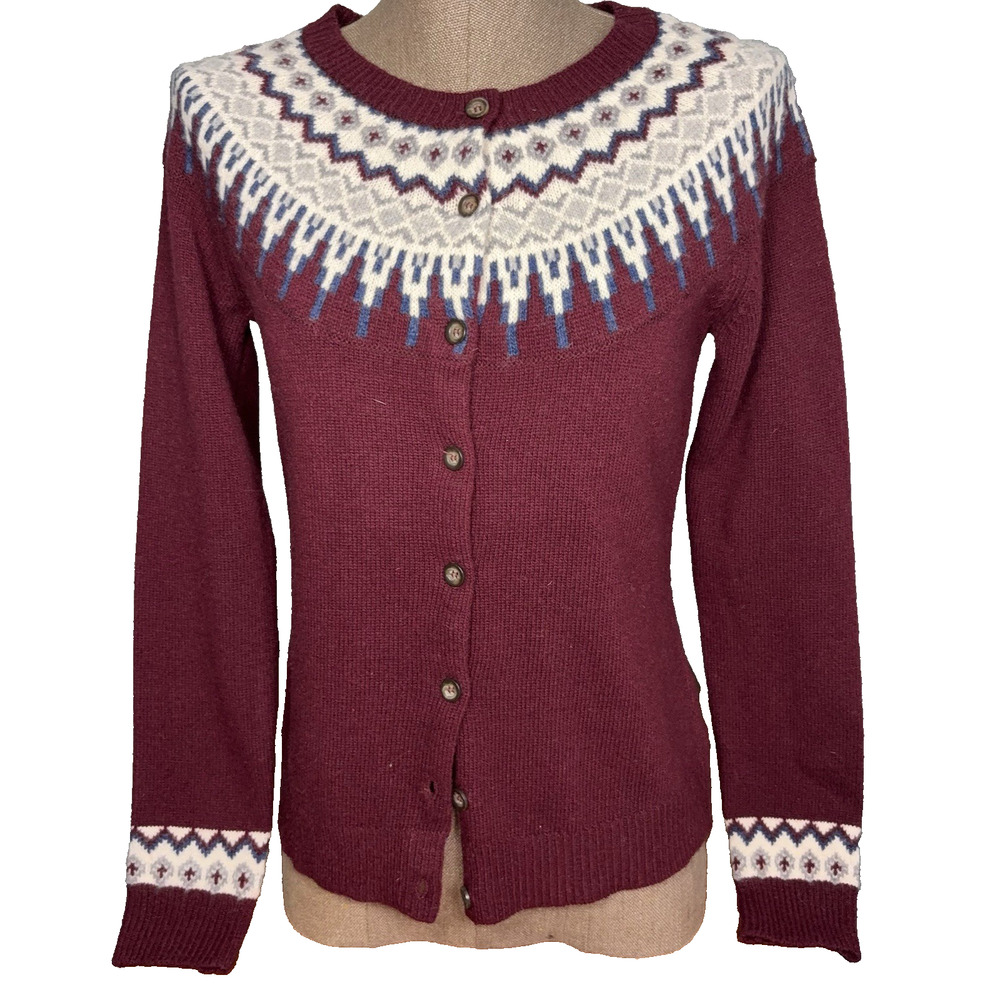 Vtg Telluride Clothing Co Fair Isle Cardigan Women Small Lambswool Burgundy Ski